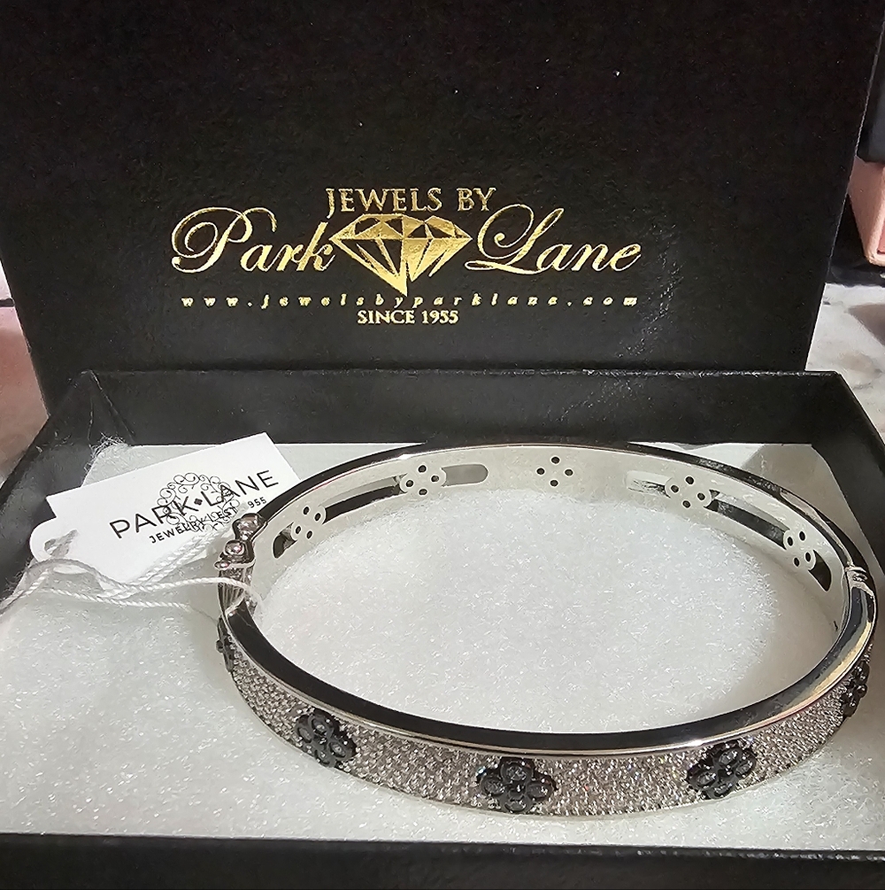 PARK LANE's Royal Bracelet, Hinged with Black Outline Floral Design & Micro CZS